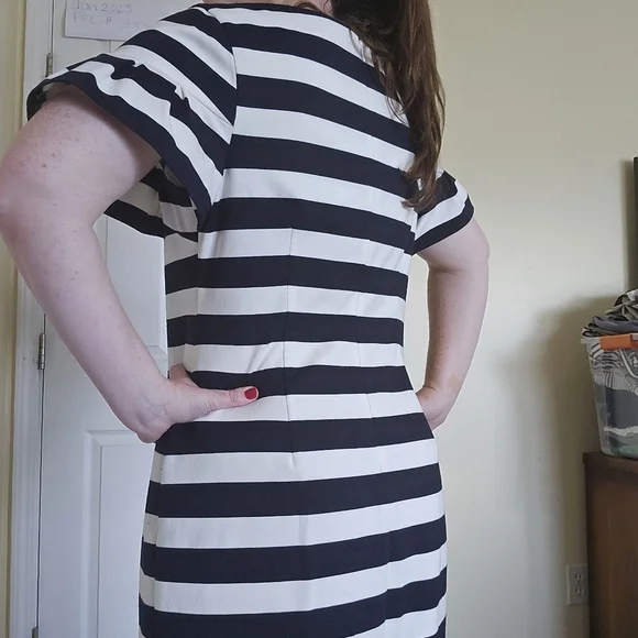 Eliza J Navy and White Striped Ruffle Midi Dress 16 Sheath Dress - Picture 8 of 8